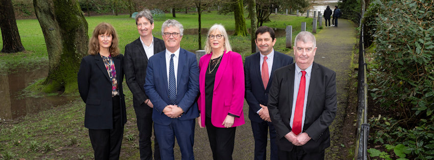 Members of the Cavanagh family at the naming of The Cavanagh Way (l-r); Maeve O’Shaughnessy; Ronan Cavanagh; Professor John O’Halloran, President, UCC; Fiona Collier; Cal Healy, Deputy Director of Business Development and Advancement, UCC; and Conor Cavanagh. Photo: Ger McCarthy.
